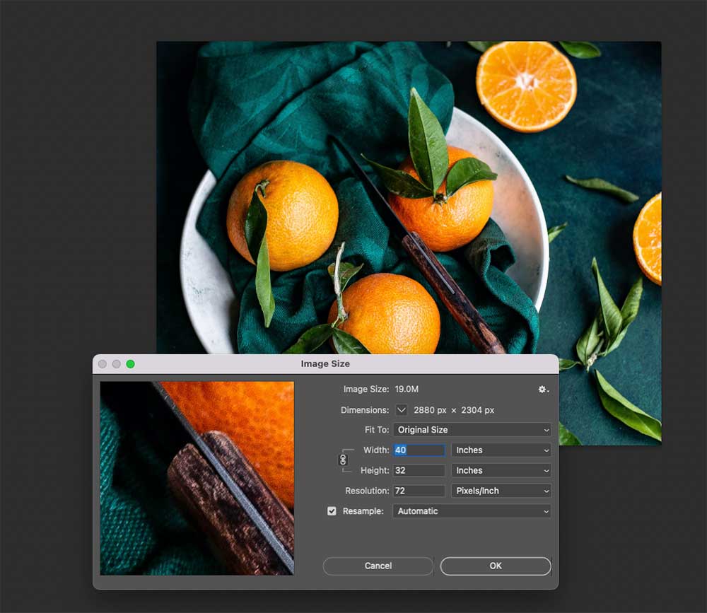 Image opened in Photoshop showing the size of the image