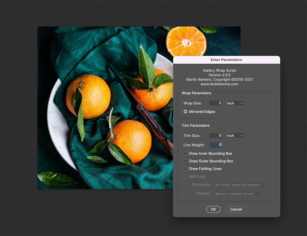 Settings for adding 2" mirror edges to canvas image