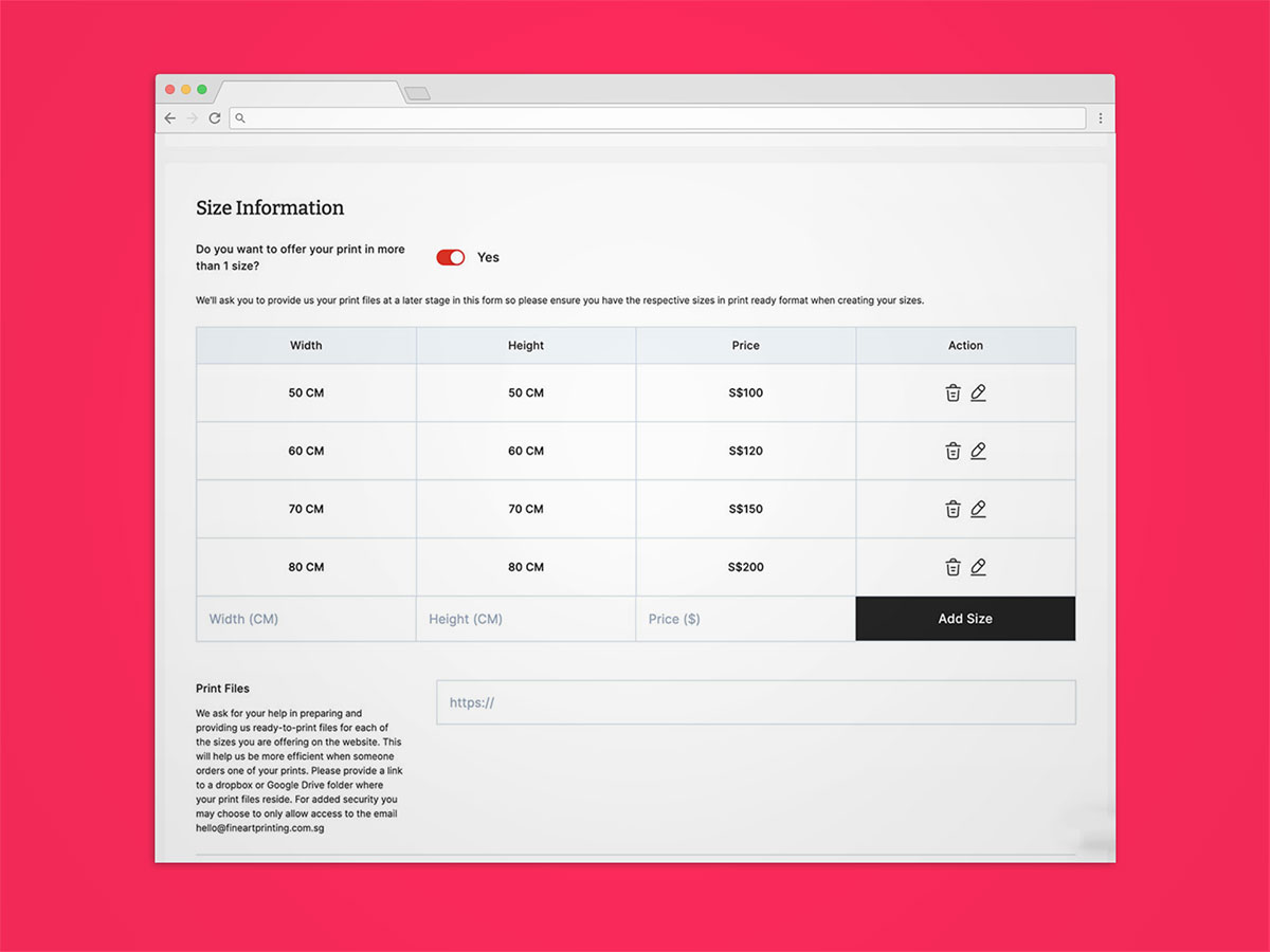 Image that shows the size and pricing functionality within our artist platform