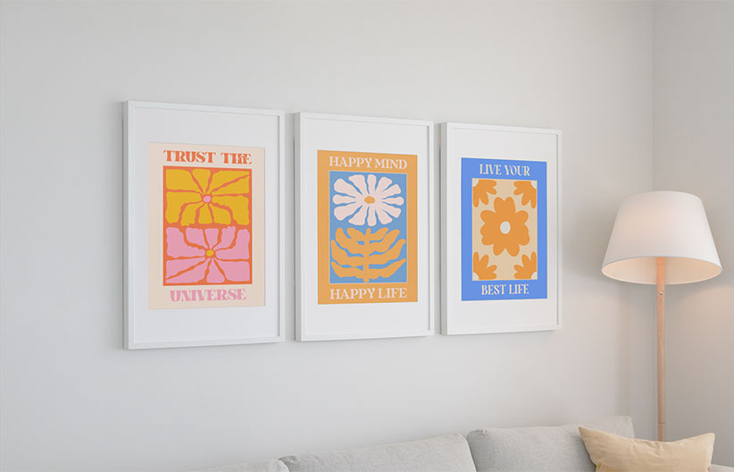 3 pictures are mocked up on a wall