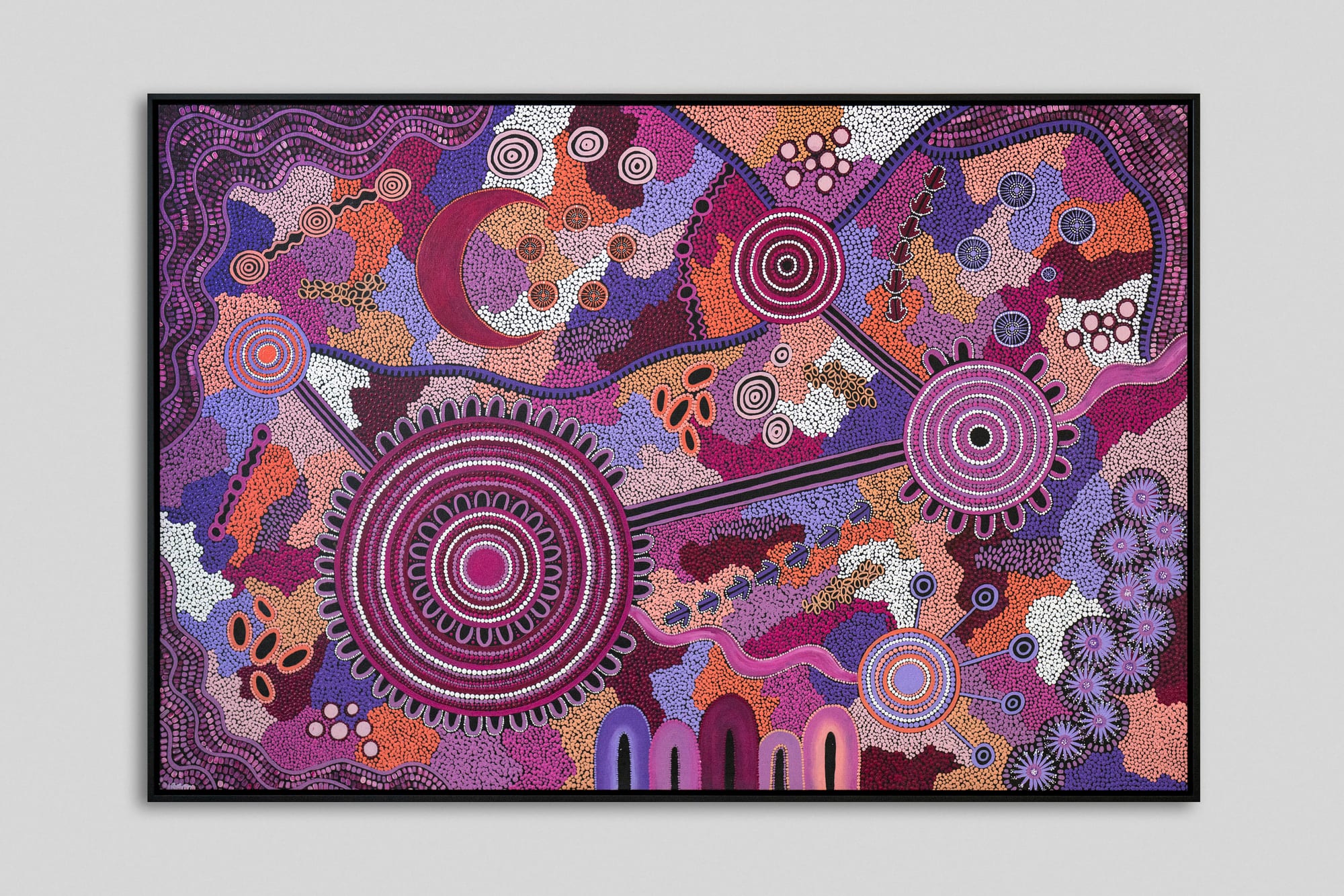 Aboriginal-style painting, black float frame